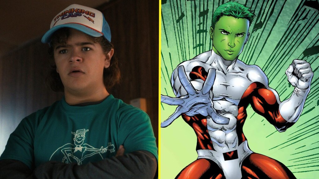 Gaten Matarazzo as Dustin in Stranger Things next to Beast Boy in DC Comics