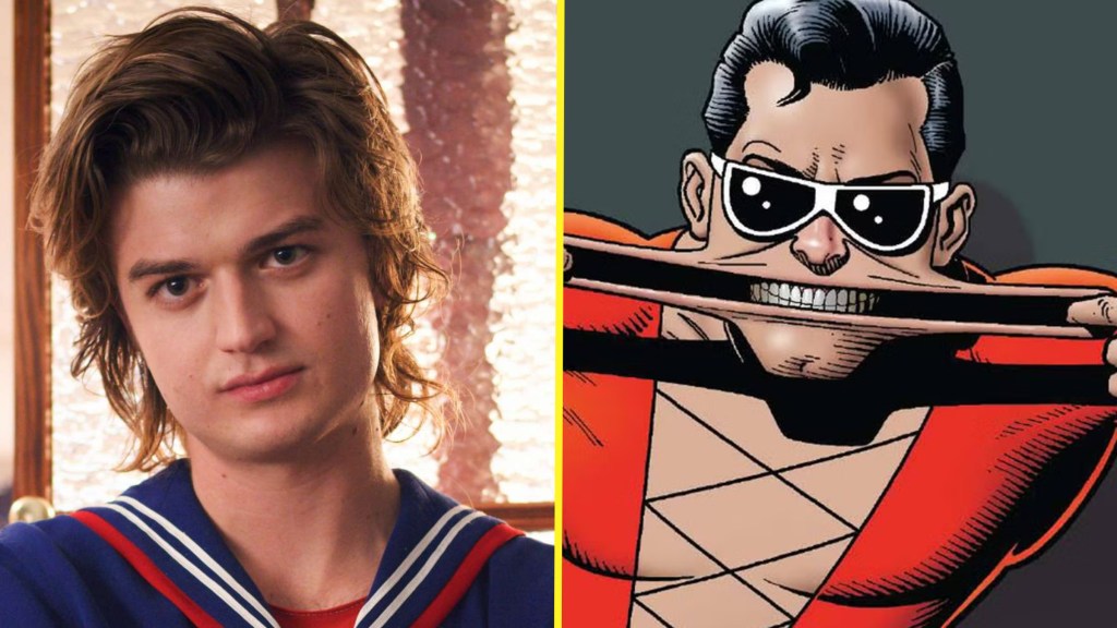 Joe Keery as Steve Harrington in Stranger Things next to Plastic Man in DC Comics