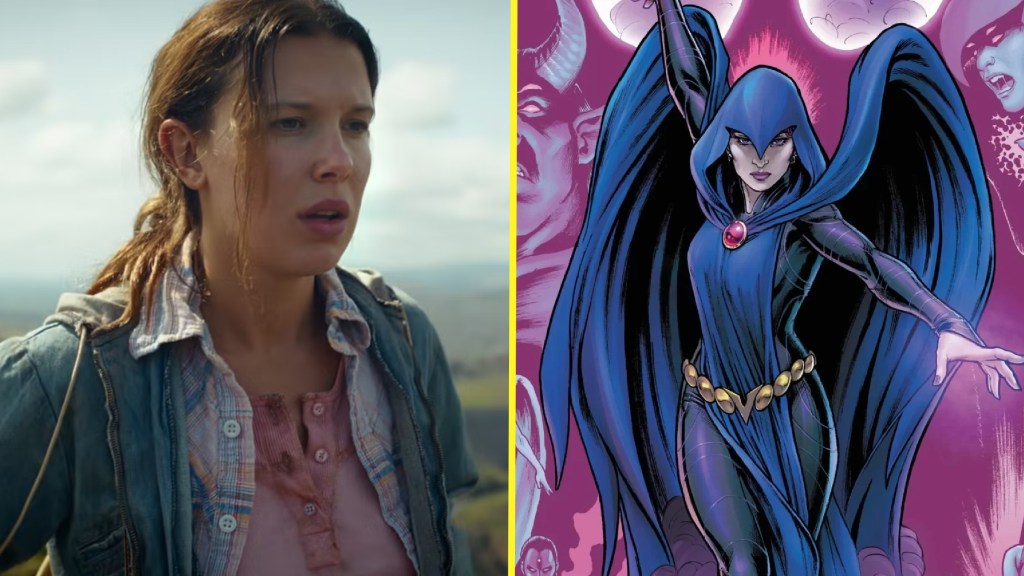 Millie Bobby Brown as Eleven in Stranger Things next to Raven in DC Comics