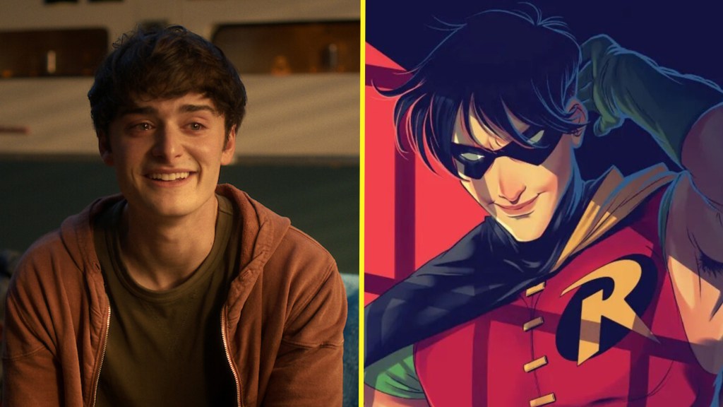 Noah Schnapp as Will Byers in Stranger Things next to Tim Drake in DC Comics