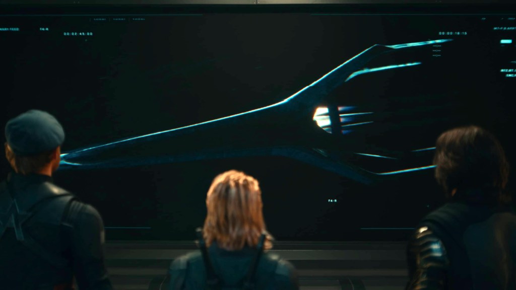 US Agent, Black Widow, and Bucky Barnes looking at the Fantastic Four's ship in the post-credits of Thunderbolts* (2025)