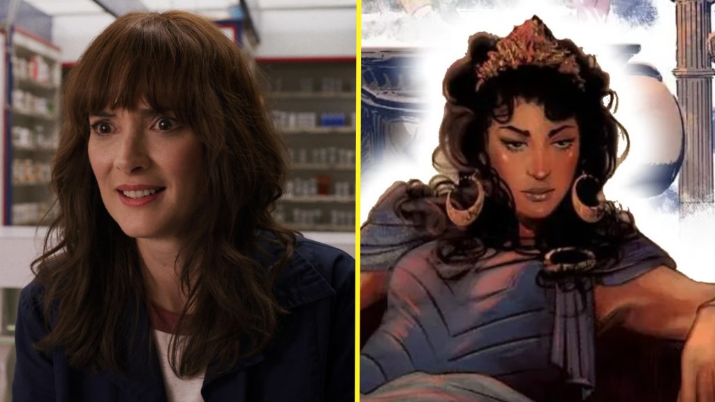Winona Ryder as Joyce Byers in Stranger Things next to Hippolyta in DC Comics