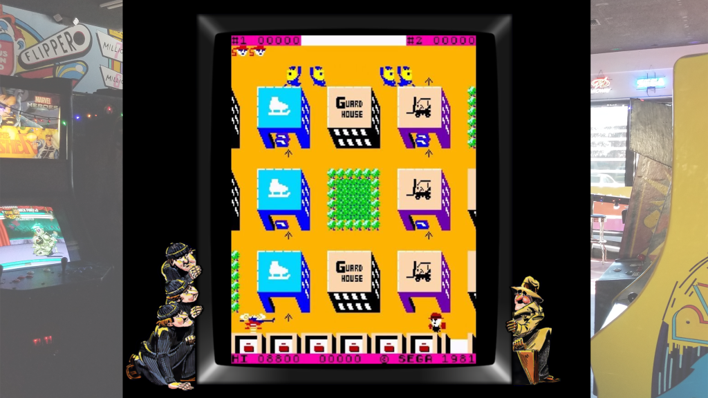 A screenshot from 005 (1981) with arcade bezel artwork over a picture of Retrovolt Arcade.