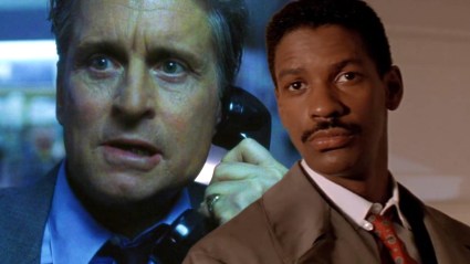 Split image of Michael Douglas in The Game and Denzel Washington in Ricochet
