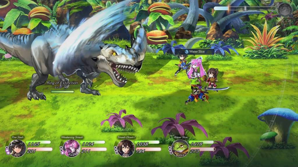 Gameplay showcasing four characters from Another Eden Begins fighting a dinosaur.