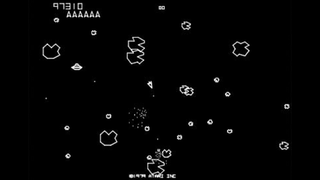 A screenshot from Asteroids (1979).
