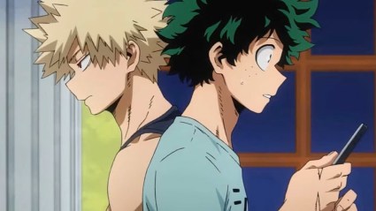 Bakugo and Deku standing back to back in My Hero Academia