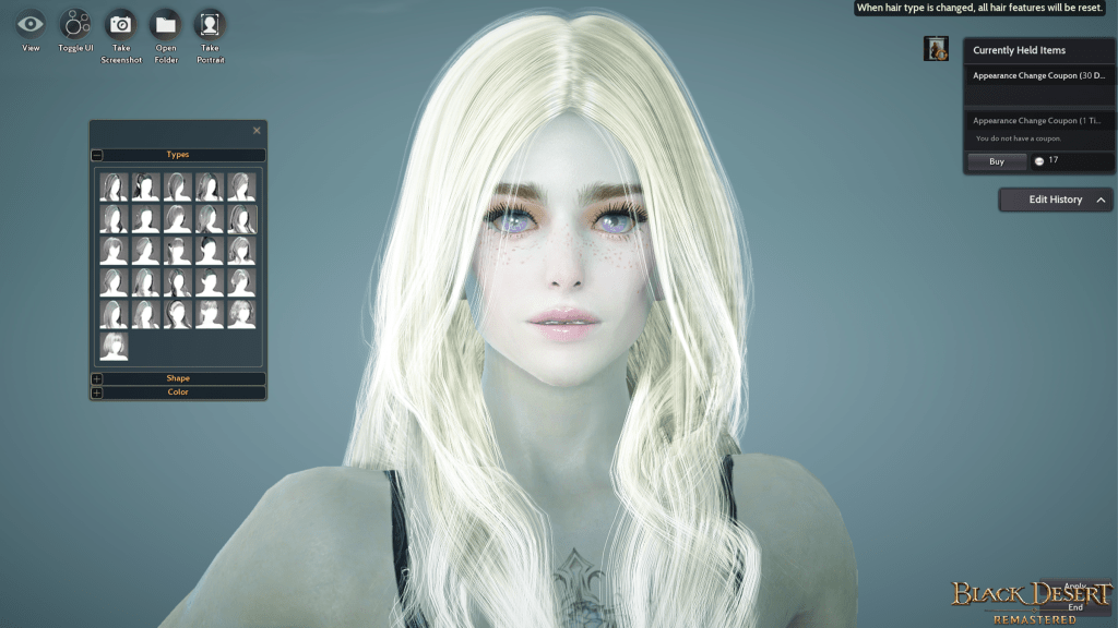 The character creation screen in Black Desert Online Remastered.