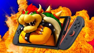 Bowser coming out of a Switch 2 with explosions behind him.