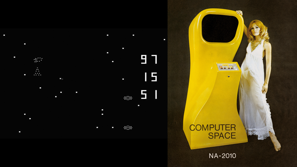 A screenshot of Computer Space (1971) beside the game's flyer.