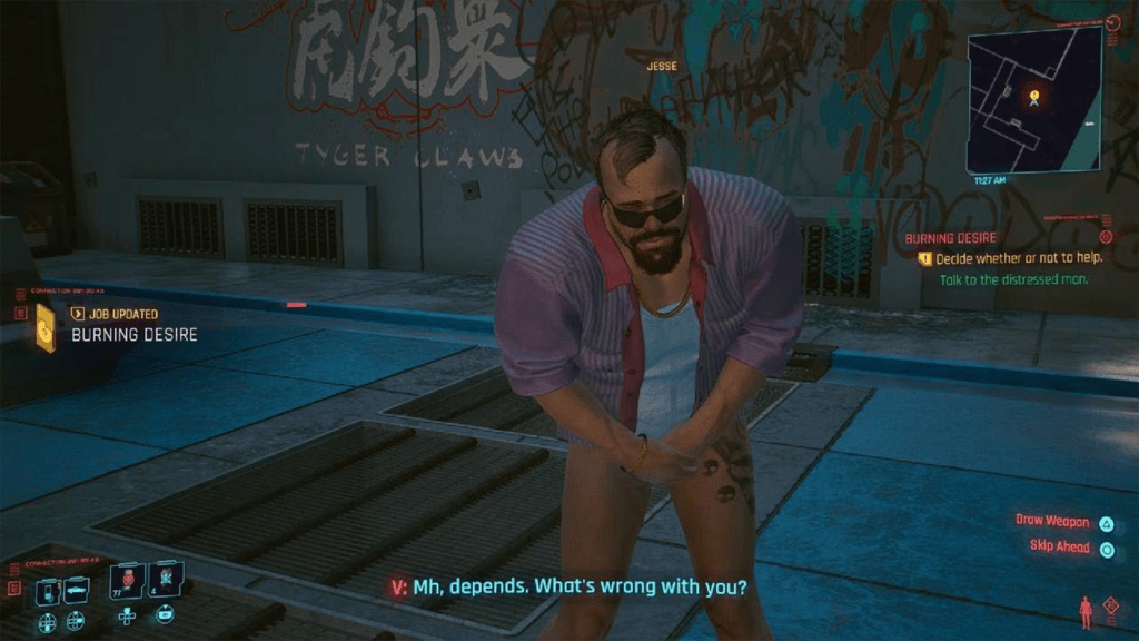A screenshot from Cyberpunk 2077 Burning Desire quest.