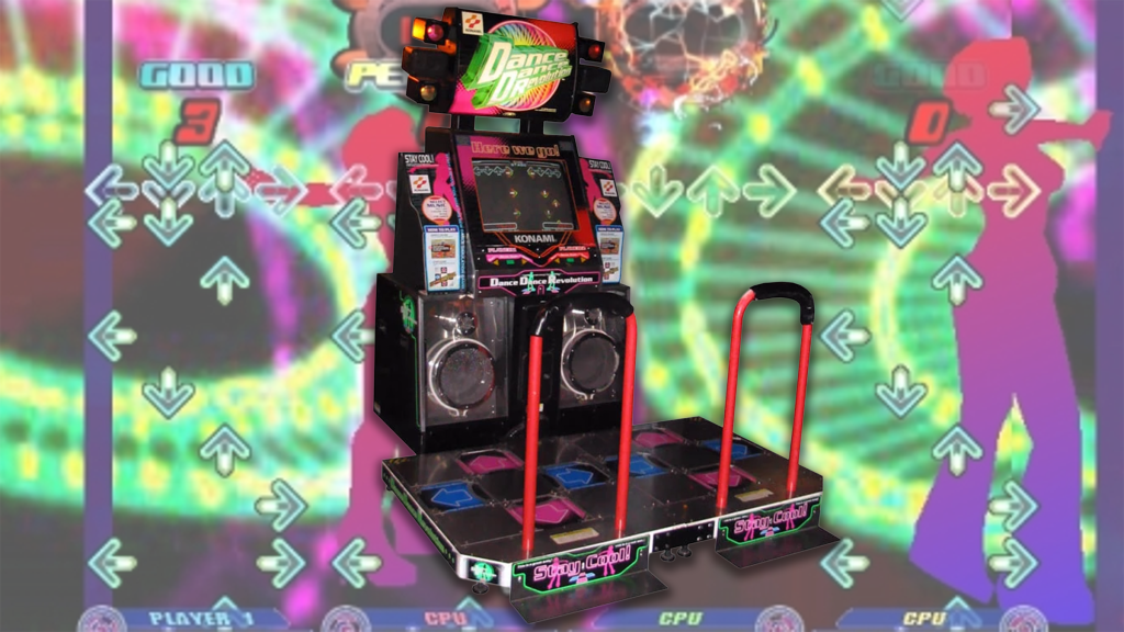 Dance Dance Revolution arcade cabinet over screenshot