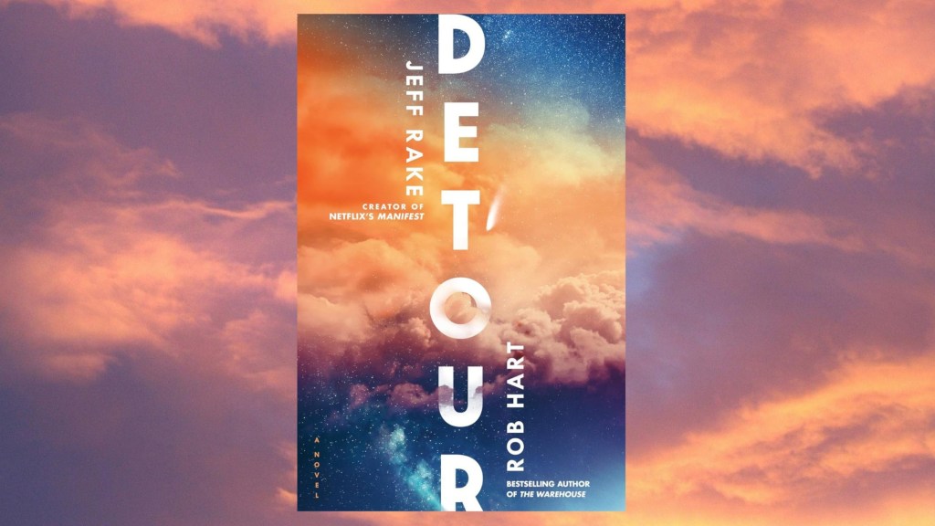 The cover of Detour sci-fi book against a cloud background