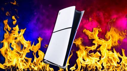 A digital PS5 surrounded by flames in front of a blue and purple background.