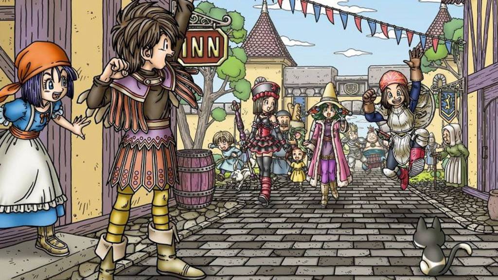 Art from Dragon Quest 9: Sentinels of the Starry Skies showcasing the heroes gathering outside of an inn.