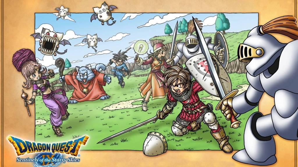 Art from Dragon Quest 9: Sentinels of the Starry Skies showcasing the heroes fighting enemies.
