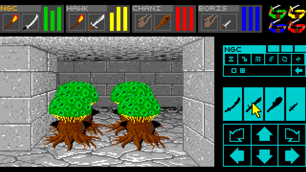 A screenshot from Dungeon Master (1987).