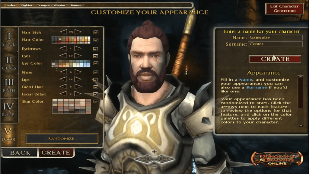 The character creation screen from Dungeons & Dragons Online.