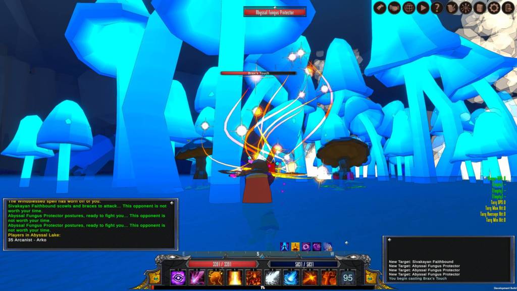 A group of players fighting near glowing blue mushrooms in Erenshor.