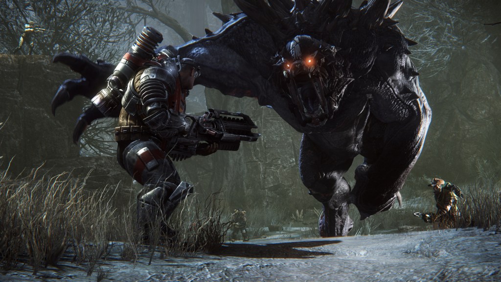 A monster lunging at a hunter in Evolve.