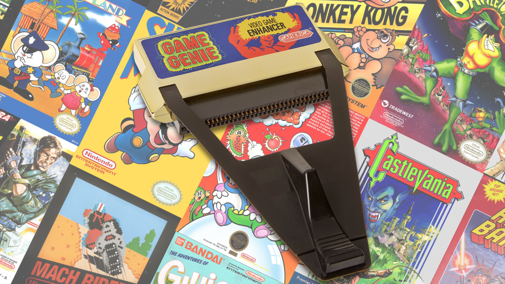 The NES Game Genie over a field of Nintendo Entertainment System game box art.