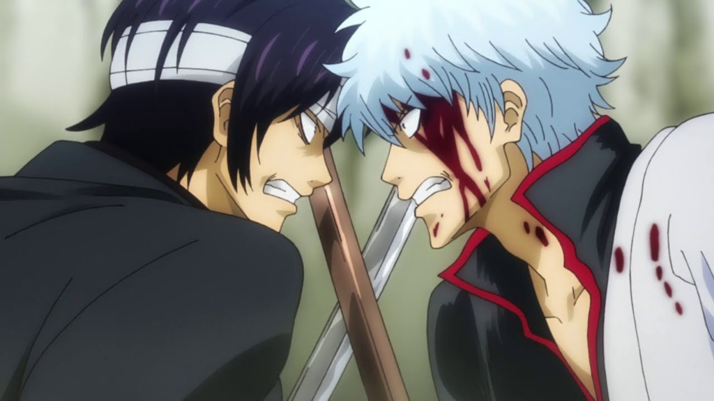 Gintoki and Takasugi bloody and fighting in Gintama