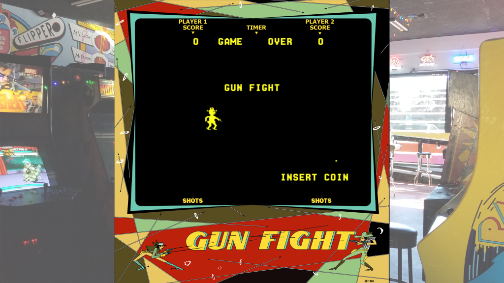 A screenshot of Gun Fight surrounded by its arcade bezel over a picture of Retrovolt Arcade.
