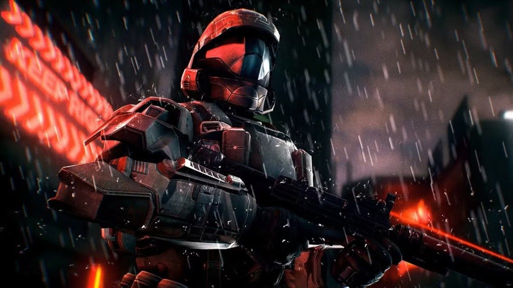 An Orbital Drop Shock Trooper standing in the rain near a neon sign in Halo 3: ODST.