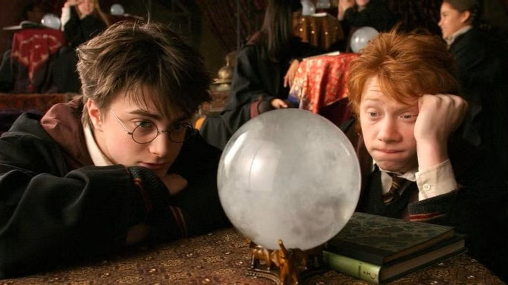 Harry and Ron staring into a crystal ball in Divination Class in Harry Potter