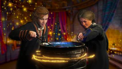 Garreth Weasley and the player next to a cauldron in Hogwarts Legacy.