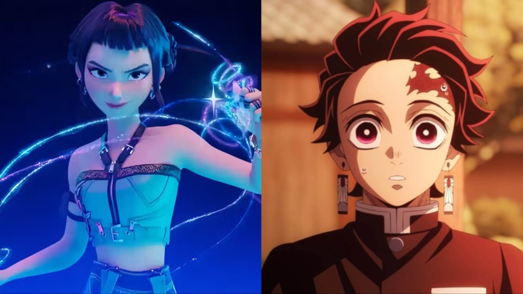 Split image of Zoey in KPop Demon Hunters and Tanjiro in Demon Slayer