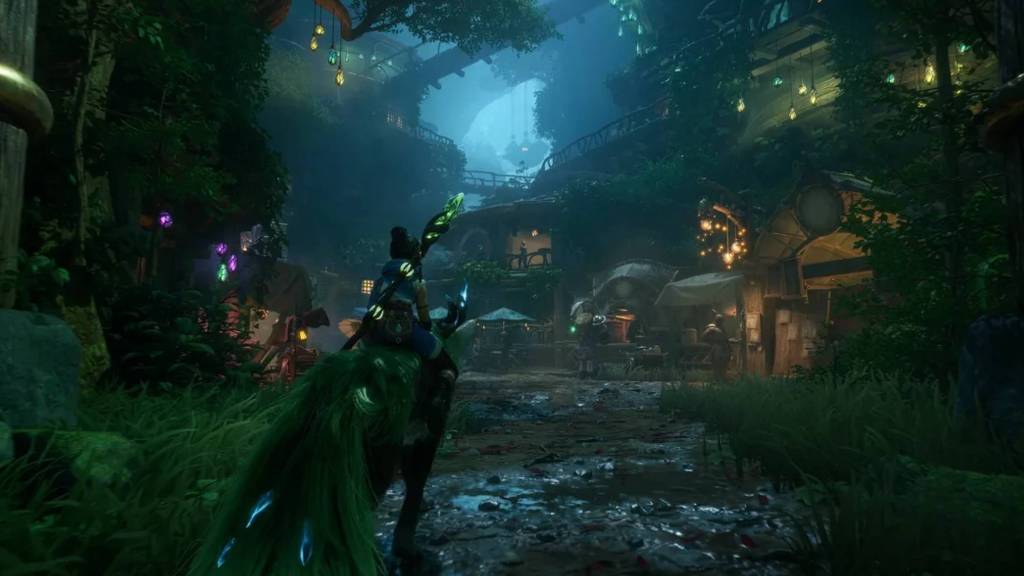 Kena riding a spirit animal through a town in Kena Scars of Kosmora.