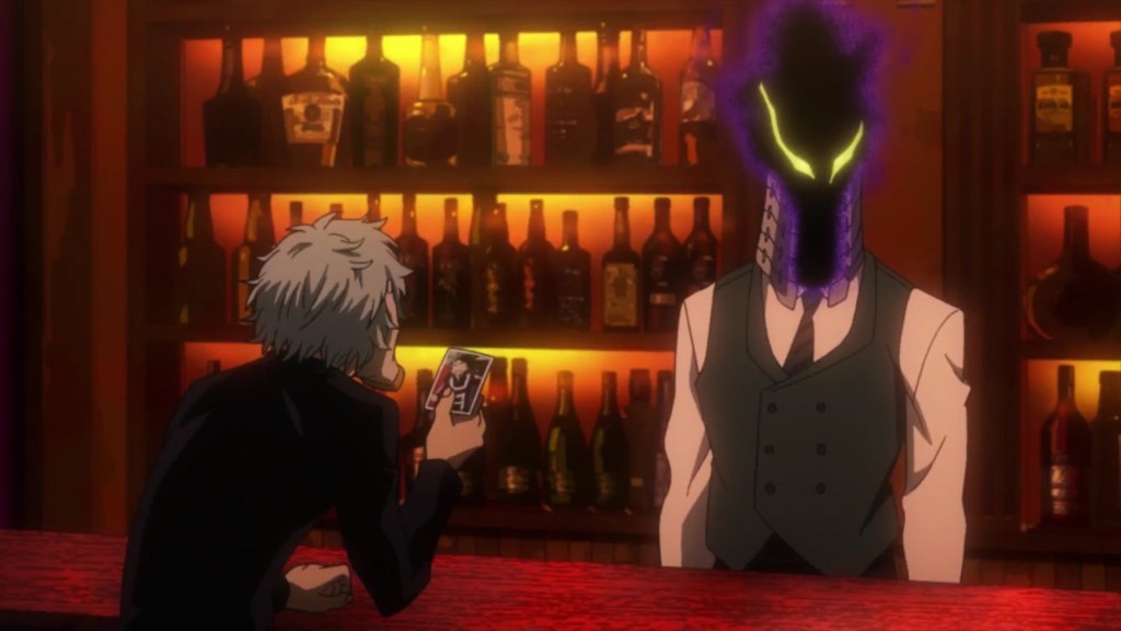 Shigaraki sitting at the bar with Kurogiri behind it in My Hero Academia