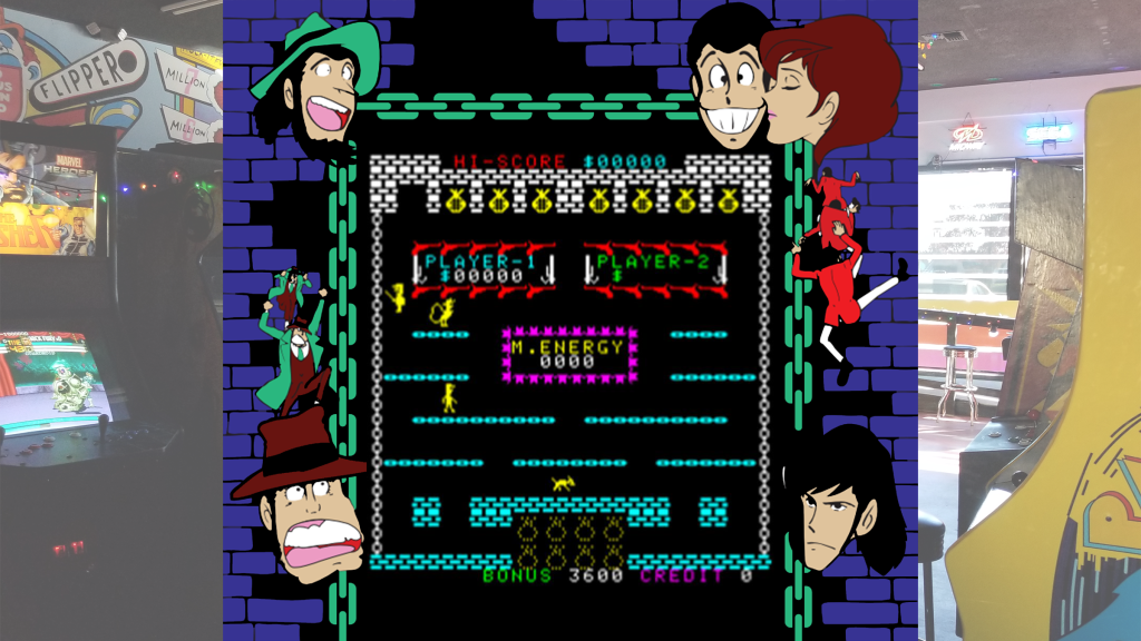 A screenshot from Lupin III (1980) with its arcade bezel artwork over a picture of Retrovolt Arcade.