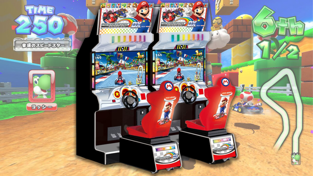 Mario Kart Arcade GP arcade cabinet over screenshot