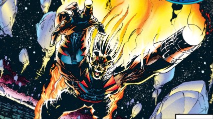 Weapon X burning as he falls through a sky of airships