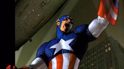 Captain America holding up his shield with airship overhead