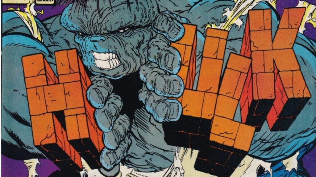 The Grey Hulk breaking his own logo