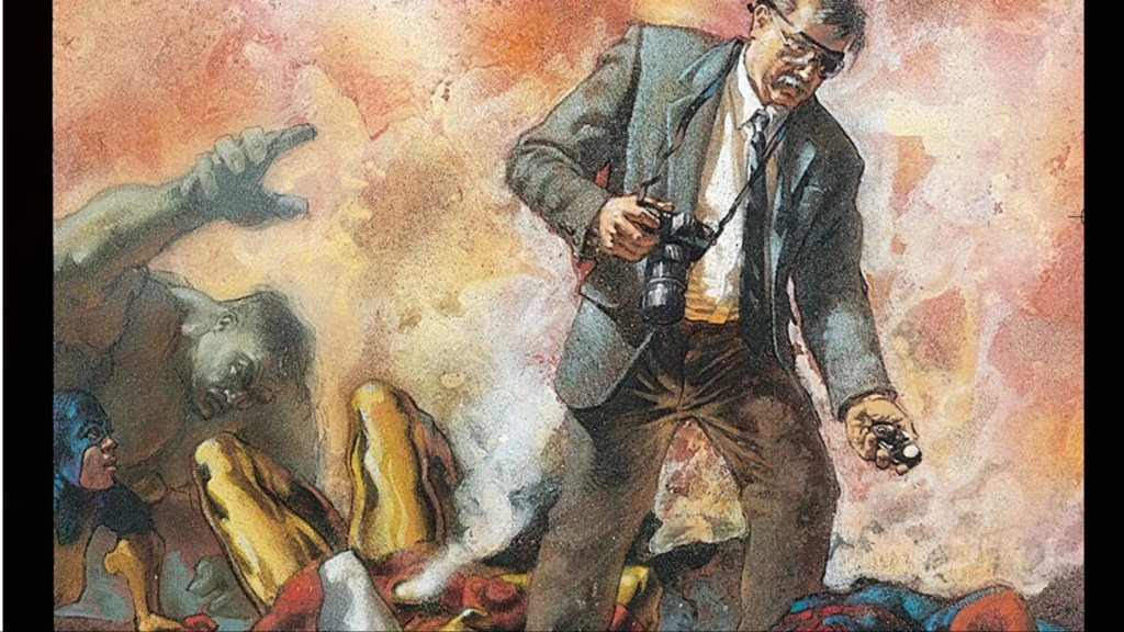 Phillip Seldon in front of the heroes of Marvel