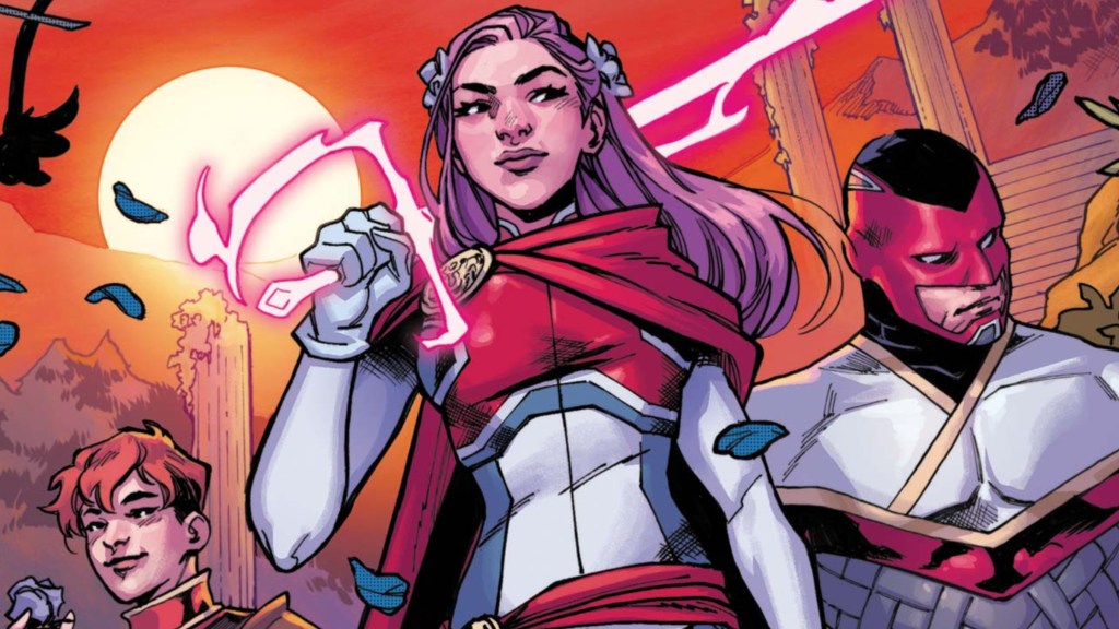 Elizabeth Braddock as Captain Britain along with Rachel Summers and Brian Braddock