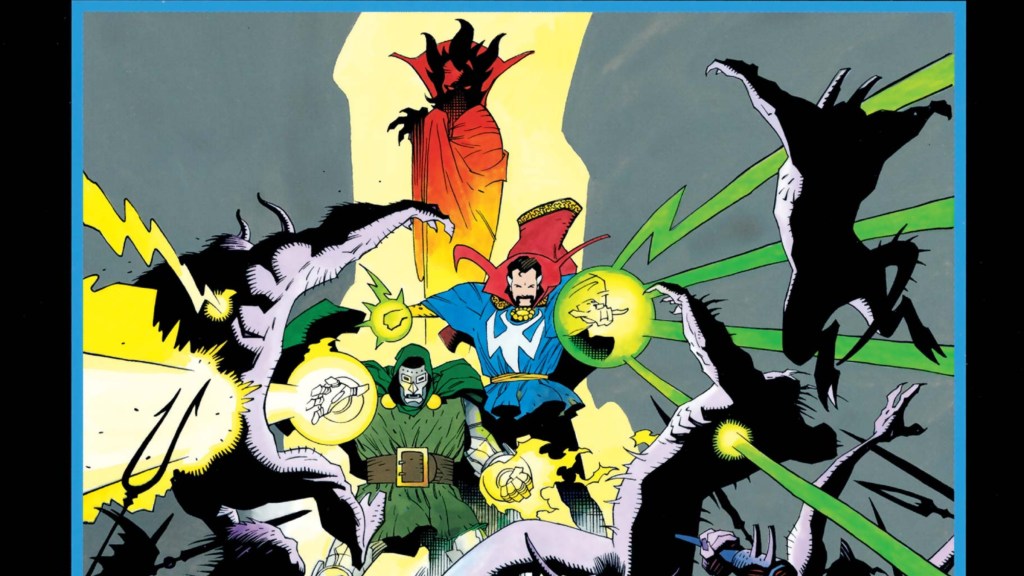 Doctor Doom and Doctor Strange battling demons while Mephisto looks on