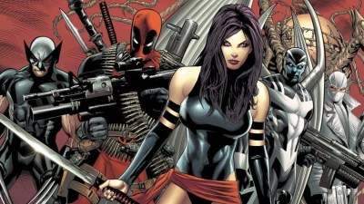 Wolverine, Deadpool, Psylocke, Archangel, and Fantomex, with EVA behind them