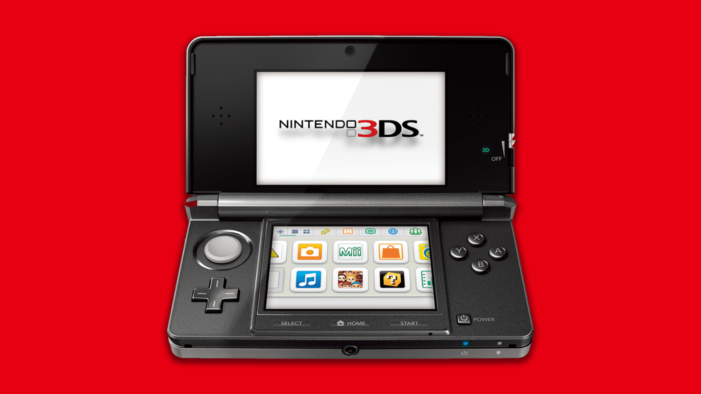 The Nintendo 3DS on a red background.