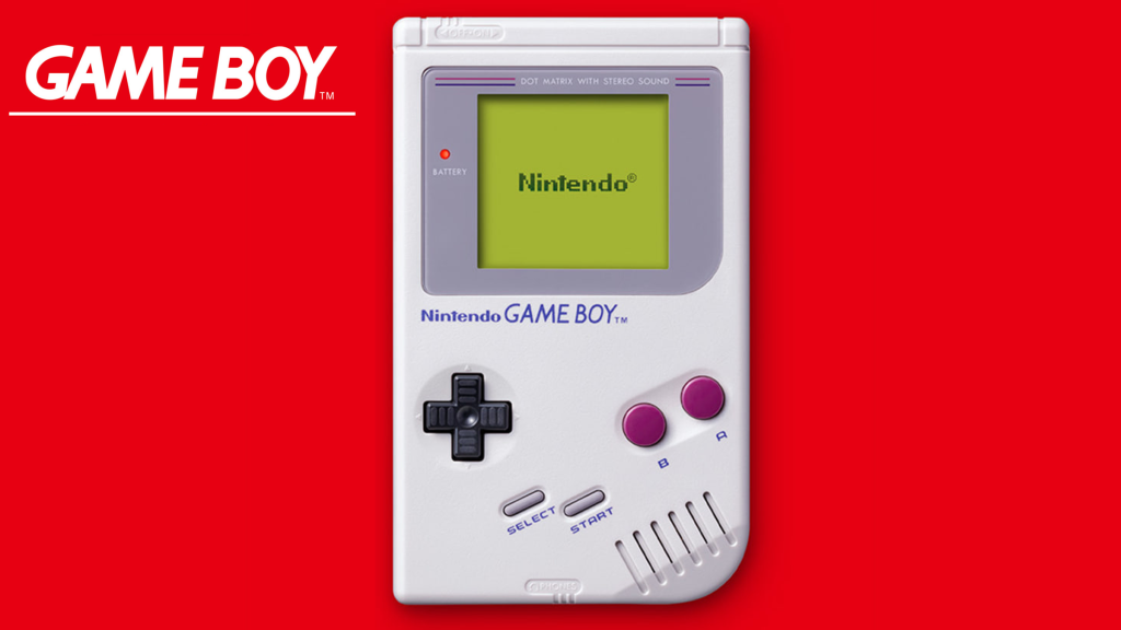 The Nintendo Game Boy on a red background.
