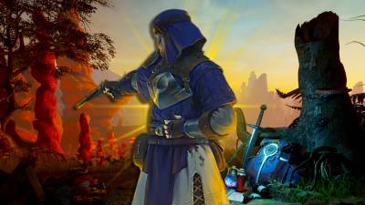 The character from Outward 2's key art in front of some gameplay.