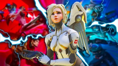 Mercy looking sad while checking her pulse in Overwatch 2 with key art of the new heroes behind her.