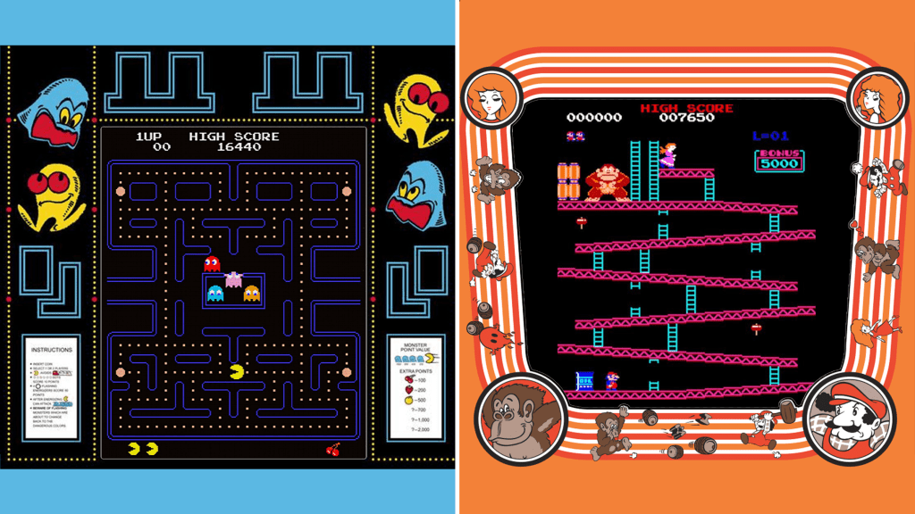 Arcade screenshots of Pac-Man and Donkey Kong with their bezel artwork.
