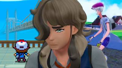 Arden from Pokemon Scarlet and Violet looking sad with a glitched player from Pokemon Scarlet behind him as well as gameplay from Pokemon Black and White.