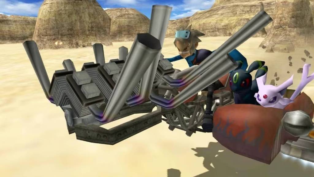 Wes driving a car in Pokemon Colosseum with Umbreon and Espeon