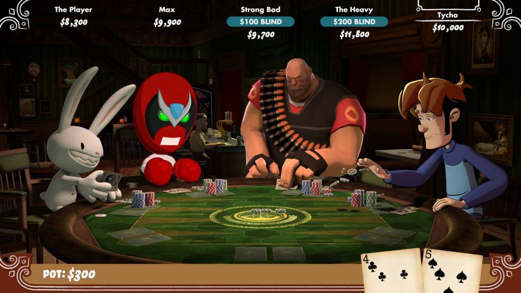 The characters gathered around the table in Poker Night at the Inventory.